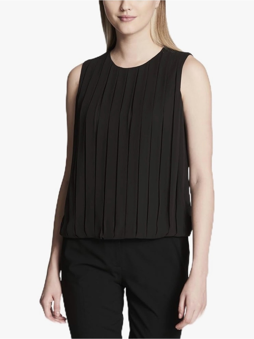 Calvin Klein Black Pleated Sleeveless Blouse - Chiffon Bubble Hem Top NWT